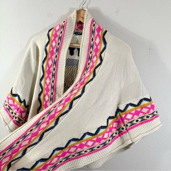 Evil Eye Poncho One Size Cream Pink Multicolor Boho Sweater Knit Wrap Shawl - Picture 4 of 13